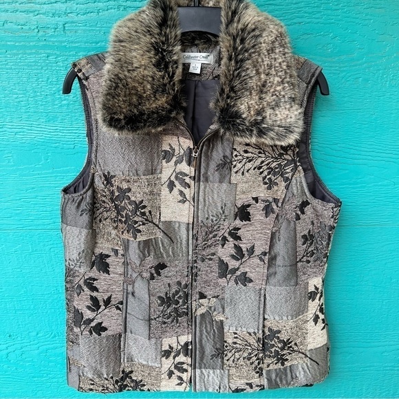 COLDWATER CREEK TAPESTRY PATCHWORK BOTANICAL NEUTRAL FAUX FUR COLLAR VEST SIZE L - Picture 1 of 8